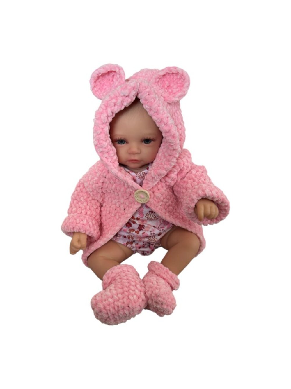 Handmade Pink Chenille Newborn Baby Hoodie & Booties Set Bear Ears Soft Plush - Picture 2 of 16